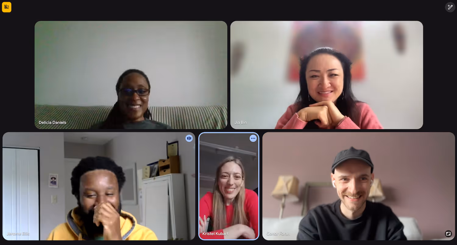 A screenshot of a video call featuring the collective People Who Stutter Create.