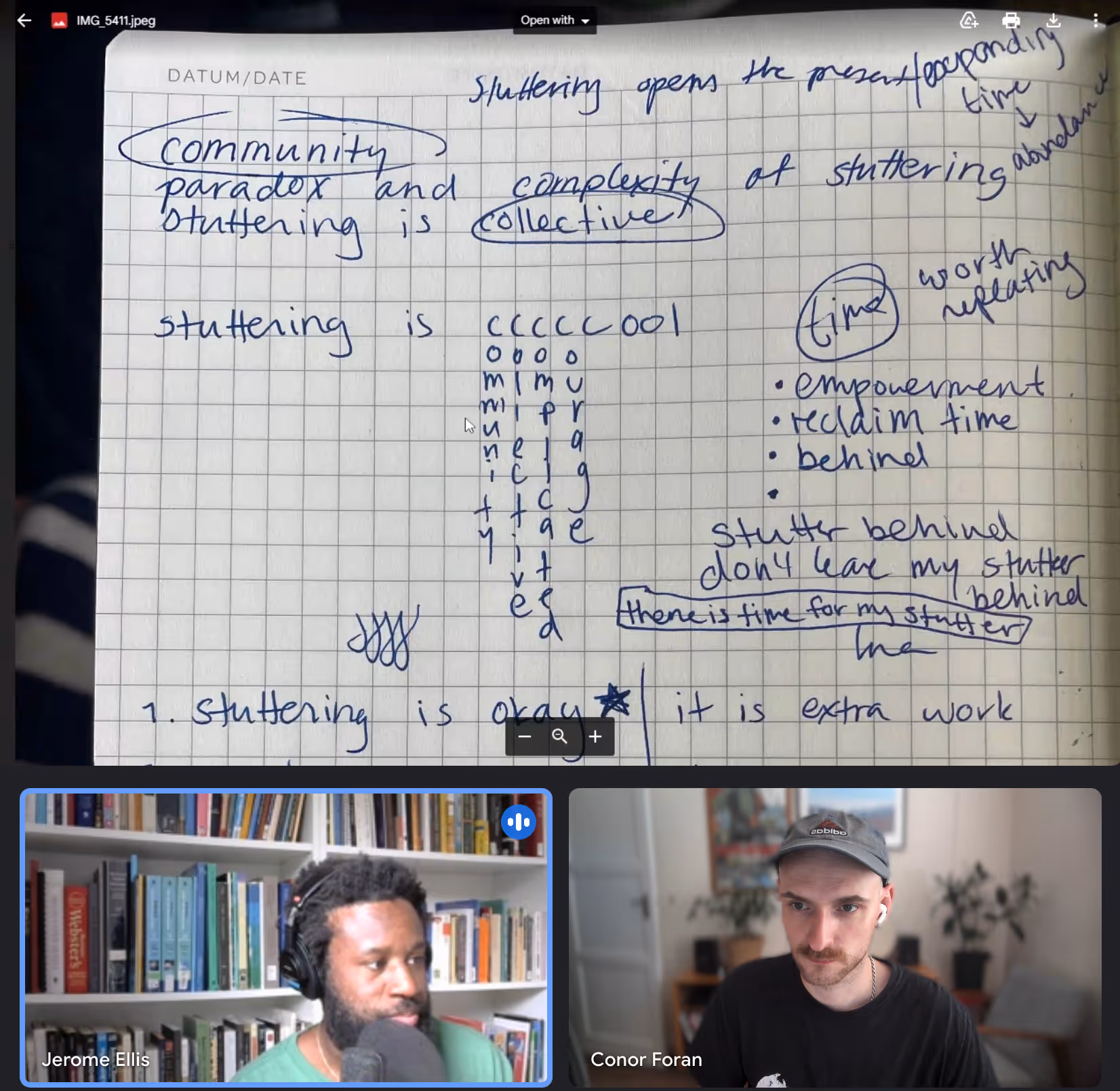 A screenshot of a video call between Conor Foran and JJJJJerome Ellis.